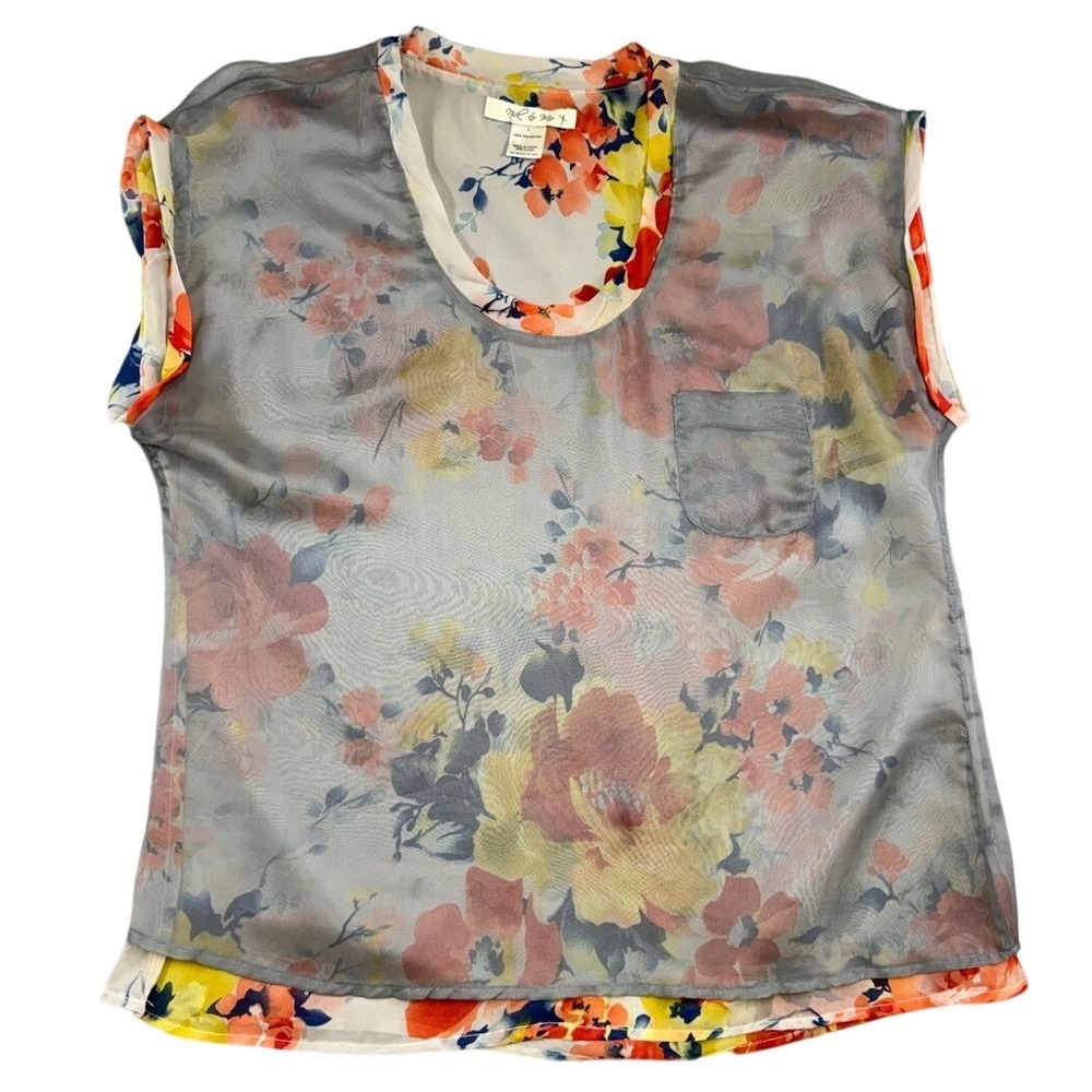 Nick & Mo Womens Floral Layered Mesh Sleeveless Scoop Neck Top Grey Orange Large